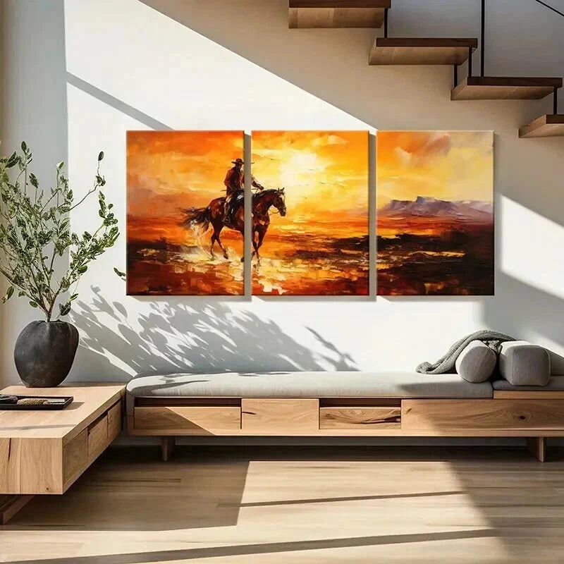 3pcs Cowboy on Horse in Sunset Landscape Wall Art Set Canvas Framed 40x60cm - High Quality Print 100% Australian Made Wall Canvas Ready to Hang - Bella Home Decor