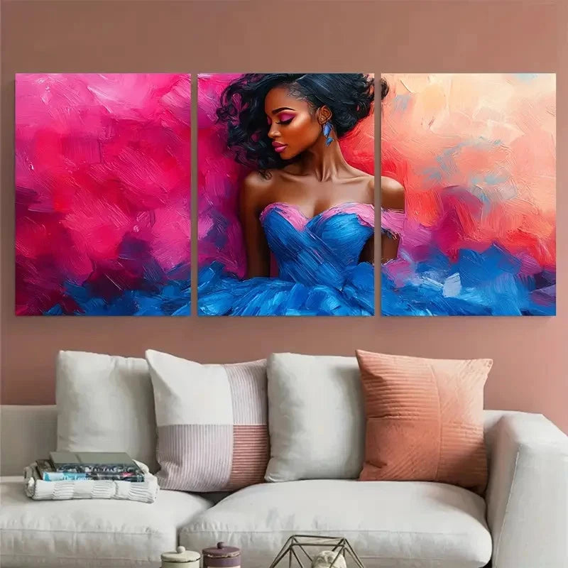 3pcs Illustration Modern Woman in Blue Pink Dress Metal Print Ready to Hang Art - Bella Home Decor