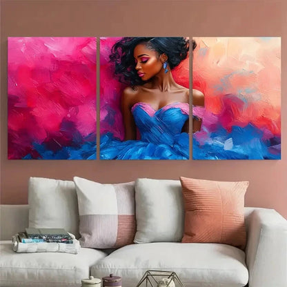 3pcs Illustration Modern Woman in Blue Pink Dress Metal Print Ready to Hang Art - Bella Home Decor