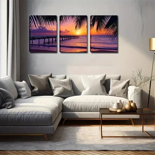 3pcs Coastal Beach Sunrise Oil Painting  Wall Art Canvas Unframed - High Quality Print 100% Australian Made Wall Canvas - Bella Home Decor