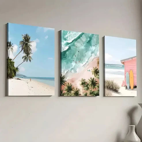 3pcs Vibrant Ocean Palm Trees Sunset Beaches Canvas Unframed - High Quality Print 100% Australian Made Wall Canvas