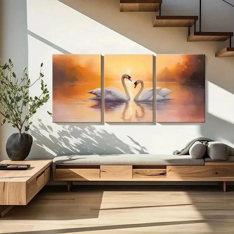 3pcs Swan Couple in Lake Sunset Serene Metal Print Ready to Hang Art - Bella Home Decor