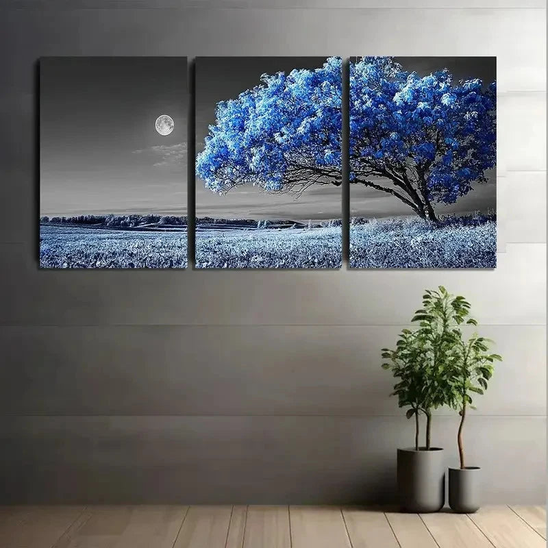 3pcs Blue-Leaved Tree Under Moonlight Poster Metal Print Ready to Hang Art - Bella Home Decor