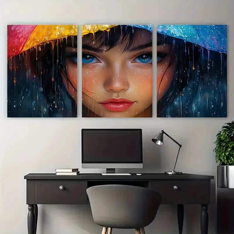 3pcs Rain Cute Princess Elegant Illustration Metal Print Ready to Hang Art - Bella Home Decor
