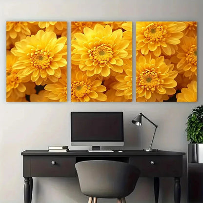 3pcs Vibrant Golden Yellow Chrysanthemum Metal Print Ready to Hang Art - Bella Home Decor