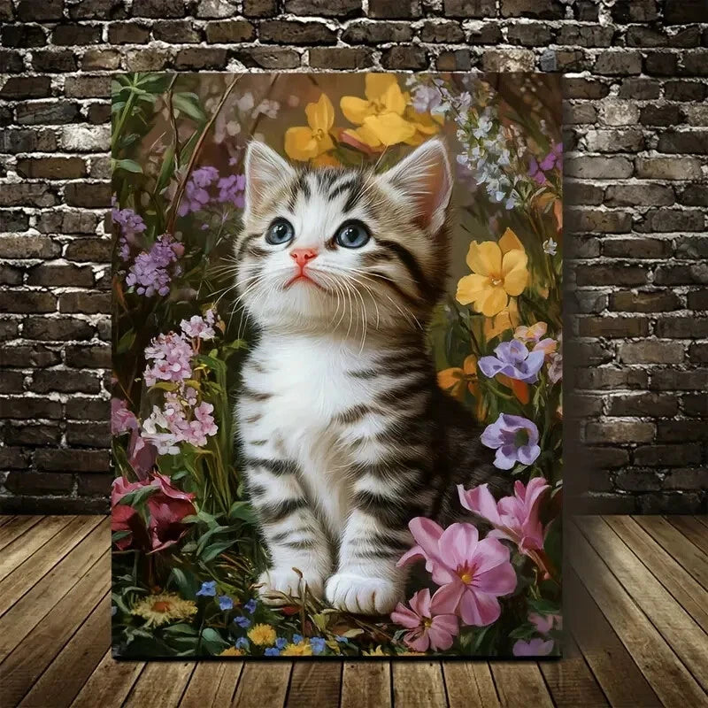 Adorable American Shorthair Kitten with Vibrant Flower 40x60cm Metal Print Ready to Hang - Bella Home Decor