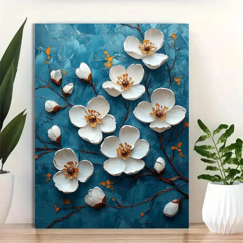 Beautiful Elegant White Blossoms On Aqua Painting 40x60cm Metal Print Ready to Hang