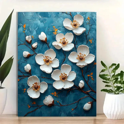 Beautiful Elegant White Blossoms On Aqua Painting 40x60cm Metal Print Ready to Hang