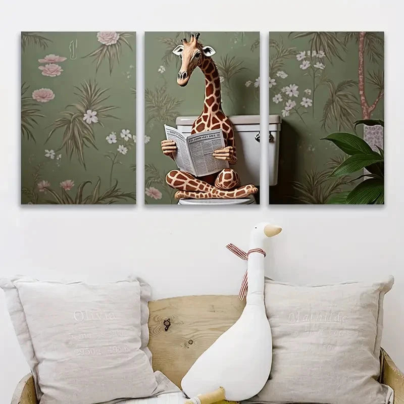3pcs Whimsical Giraffe on Toilet Metal Print Ready to Hang Art