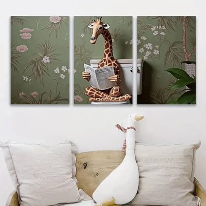 3pcs Whimsical Giraffe on Toilet Metal Print Ready to Hang Art