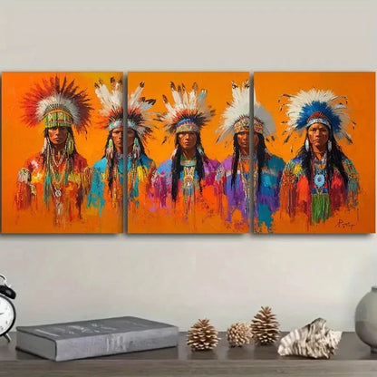 3pcs Traditional Attire with Feather Headdresses Wall Art Set Canvas Framed 50x70cm - High Quality Print 100% Australian Made Wall Canvas Ready to Hang - Bella Home Decor