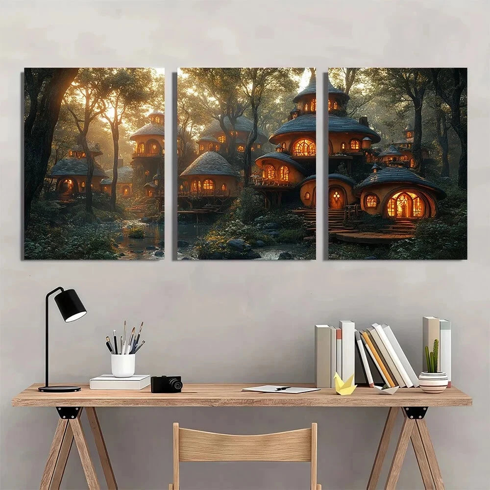 3pcs Gnome City Houses in Forest Scene Metal Print Ready to Hang Art - Bella Home Decor