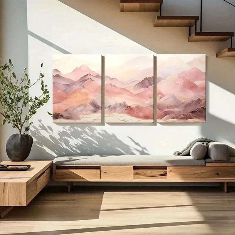 3pcs Abstract Pinkish Mountain Serene Painting Wall Art Set Canvas Framed 40x60cm - High Quality Print 100% Australian Made Wall Canvas Ready to Hang - Bella Home Decor