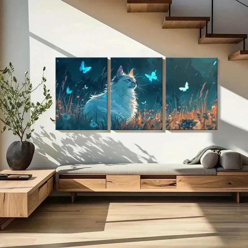 3pcs Animal Theme Fantasy Cat & Butterfly  Wall Art Set Canvas Framed 50x70cm - High Quality Print 100% Australian Made Wall Canvas Ready to Hang - Bella Home Decor