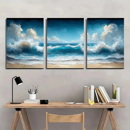 3pcs Coastline Ocean Waves & Beach Scenery Metal Print Ready to Hang Art - Bella Home Decor