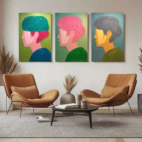 3pcs Teal, Pink, Gray Heads Wall Art Canvas Unframed - High Quality Print 100% Australian Made Wall Canvas