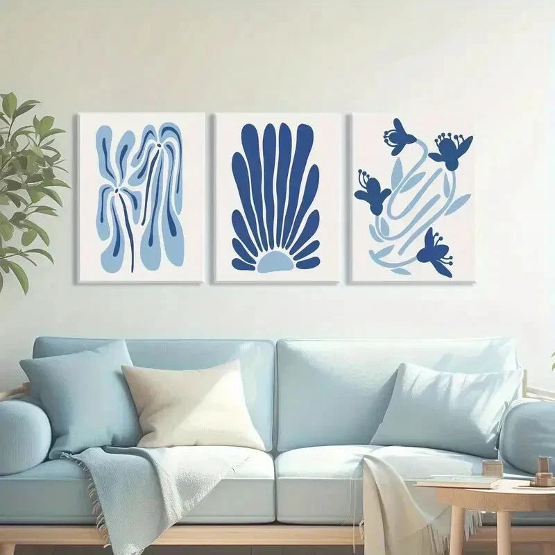 3pcs Blue Matisse Abstract Light Blue Floral Metal Print Ready to Hang Art - Bella Home Decor