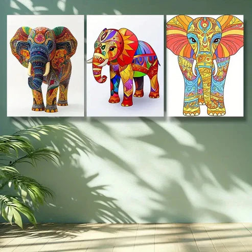 3pcs Vibrant Stylized Elephant Wall Art Set Canvas Unframed - High Quality Print 100% Australian Made Wall Canvas