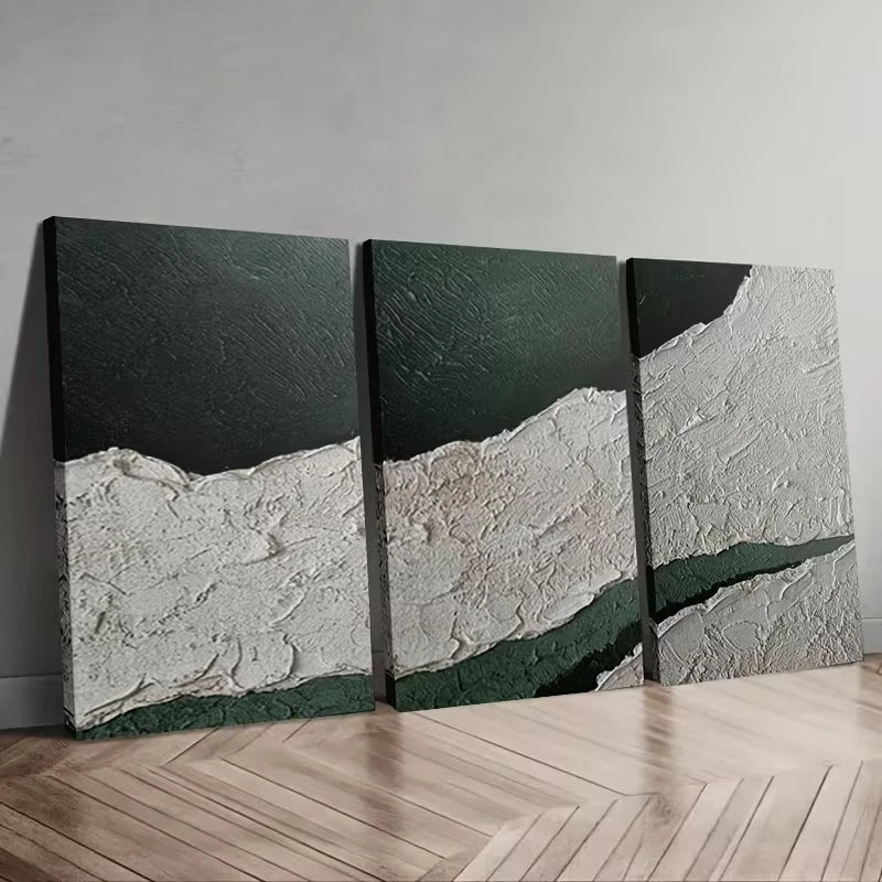 3pcs Abstract Green & White Wall Art Set Canvas Framed 50x70cm – High Quality Print, 100% Australian Made, Ready to Hang