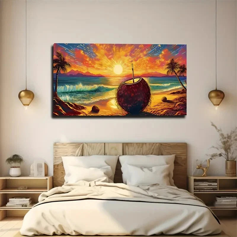 Vibrant Ocean & Palm Tree Wall Art Canvas Office Home Room Framed 120x60cm
