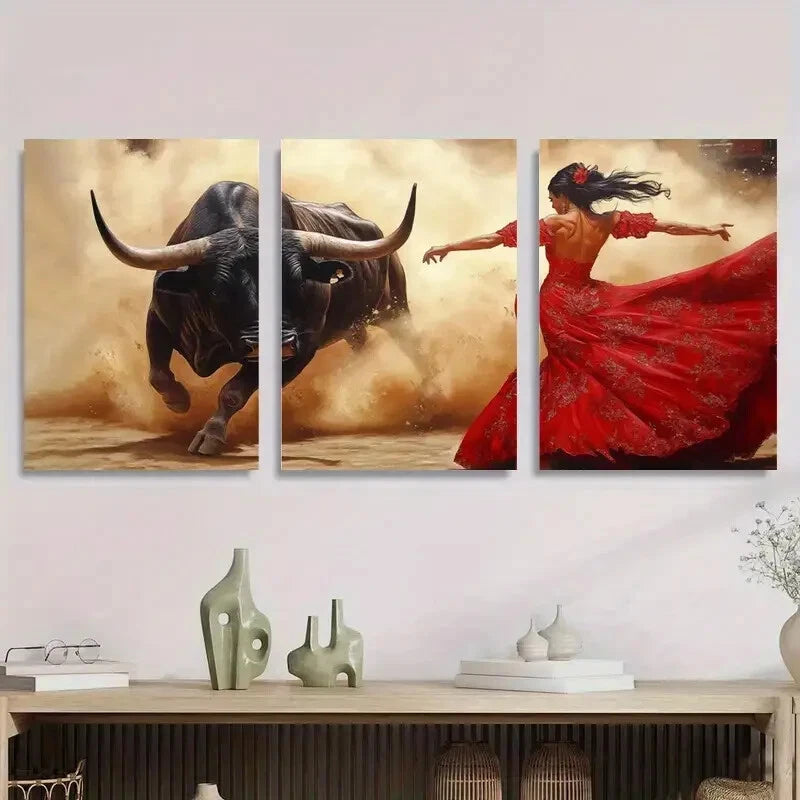 3pcs Flamenco Dancer Charging Bull Perfect Wall Art Set Canvas Framed 40x60cm - High Quality Print 100% Australian Made Wall Canvas Ready to Hang - Bella Home Decor