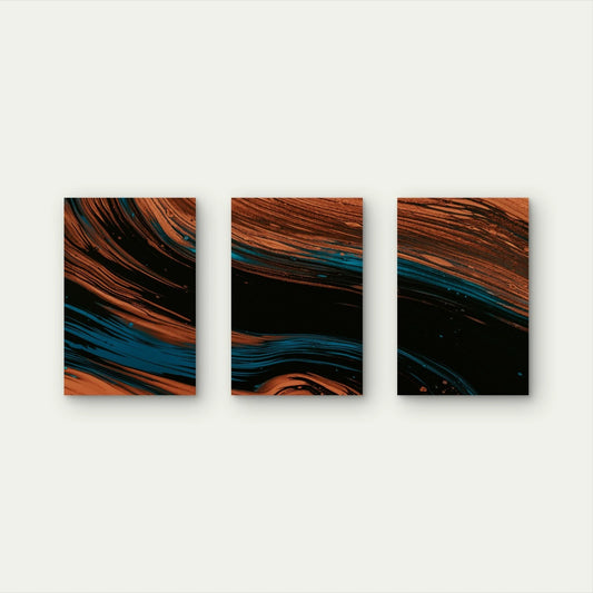 3pcs Copper and Blue Marble Abstract Fluid Swirl Wall Art Set Canvas Framed 40x60cm - High Quality Print 100% Australian Made Wall Canvas Ready to Hang