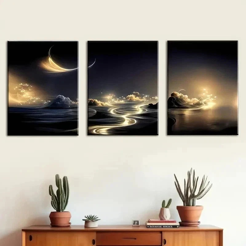 3pcs Golden Rivers & Starry Skies Perfect Wall Art Set Canvas Framed 60x90cm - High Quality Print 100% Australian Made Wall Canvas Ready to Hang - Bella Home Decor