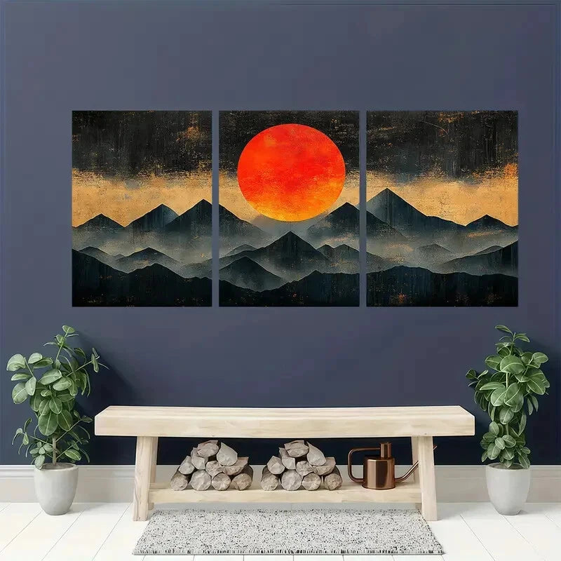 3pcs Black & Orange Mountain Silhouette Design Metal Print Ready to Hang Art - Bella Home Decor