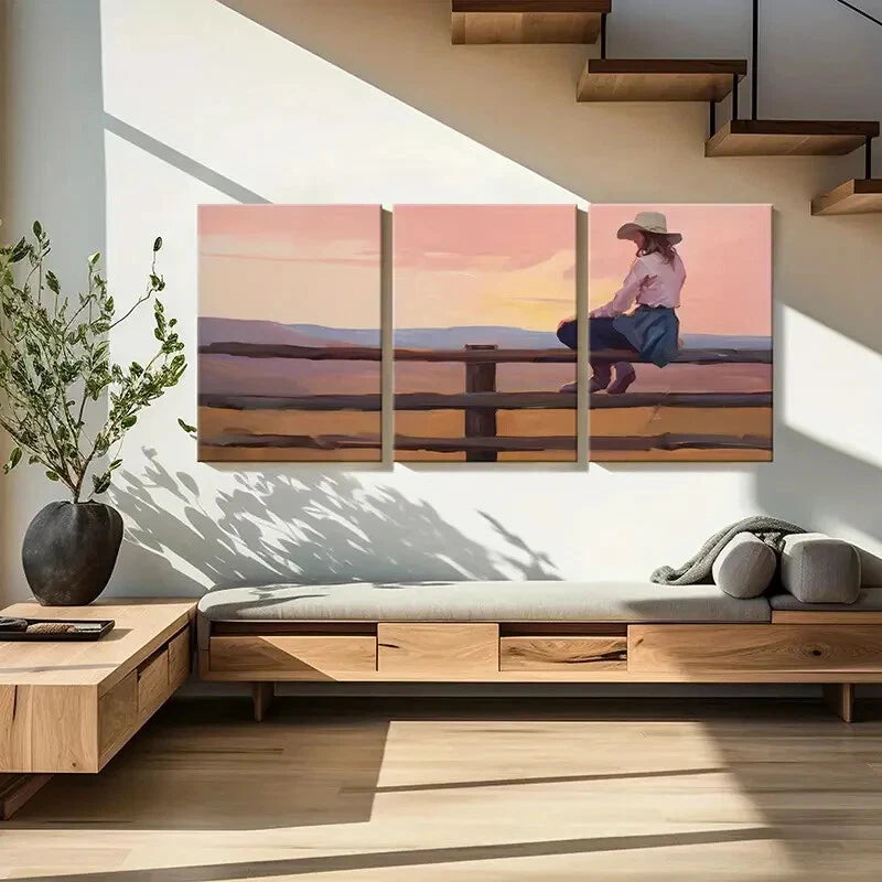 3pcs Serene Sunset Landscape with Woman on Fence Metal Print Ready to Hang Art - Bella Home Decor