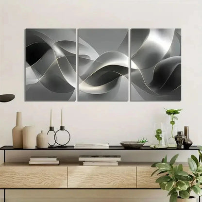 3pcs Silvery and Gray Ribbon-Like Abstract Art Metal Print Ready to Hang Art - Bella Home Decor