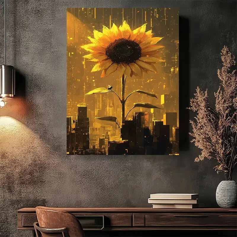 Beautiful Sunflower Cityscape Painting 40x60cm Metal Print Ready to Hang - Bella Home Decor