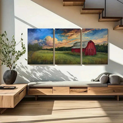 3pcs Red Barn Pastoral Landscape Vibrant Sky Metal Print Ready to Hang Art - Bella Home Decor
