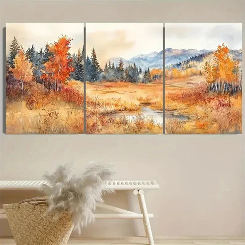 3pcs Fall Forest River Scene with Maple Trees Wall Art Set Canvas Unframed - High Quality Print 100% Australian Made Wall Canvas