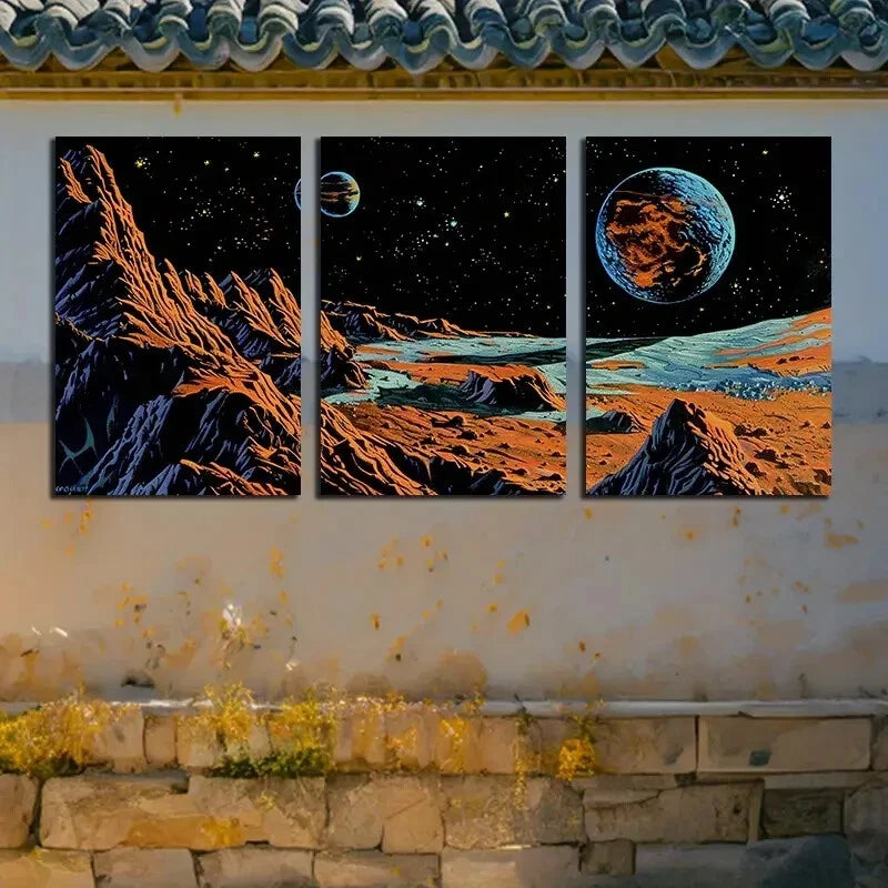 3pcs Cosmic Mountains and Planets Design Metal Print Ready to Hang Art - Bella Home Decor