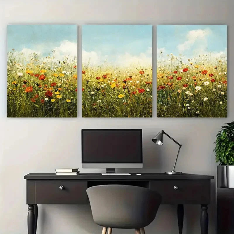 3pcs Summer Bliss Vintage Wildflower Field Wall Art Set Canvas Framed 40x60cm - High Quality Print 100% Australian Made Wall Canvas Ready to Hang