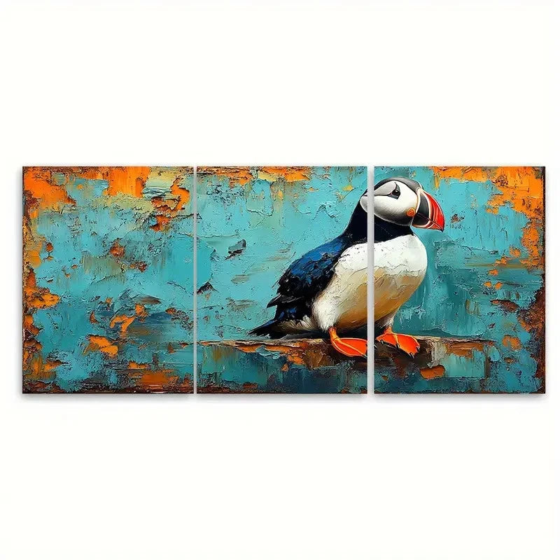 3pcs Puffin Bird Impasto Rustic Illustration Wall Art Set Canvas Framed 40x60cm - High Quality Print 100% Australian Made Wall Canvas Ready to Hang - Bella Home Decor