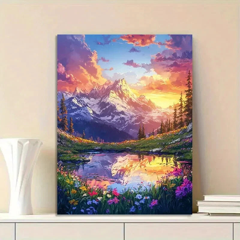 Beautiful Landscape Painting of Mountains, Flowers  40x60cm Metal Print Ready to Hang