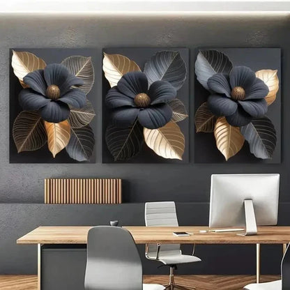 3pcs Black & Golden Floral Wall Art Canvas Unframed - High Quality Print 100% Australian Made Wall Canvas - Bella Home Decor