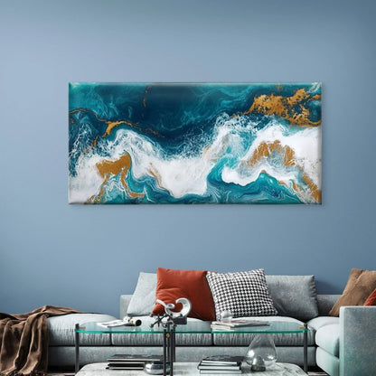 Teal Blue, Golden, White Wall Art Canvas Office Home Room Framed 120x60cm
