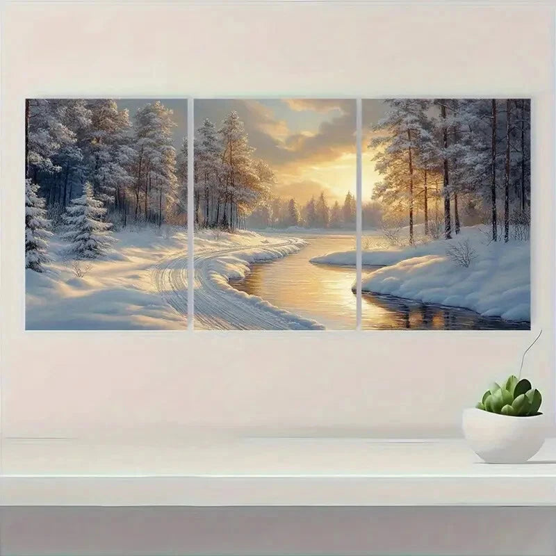 3pcs Winter Wonderland Snowy Forest & River Scene Metal Print Ready to Hang Art - Bella Home Decor