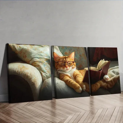 3pcs Classic Modern Cat Reading Wall Art Set Canvas Unframed - High Quality Print 100% Australian Made Wall Canvas - Bella Home Decor