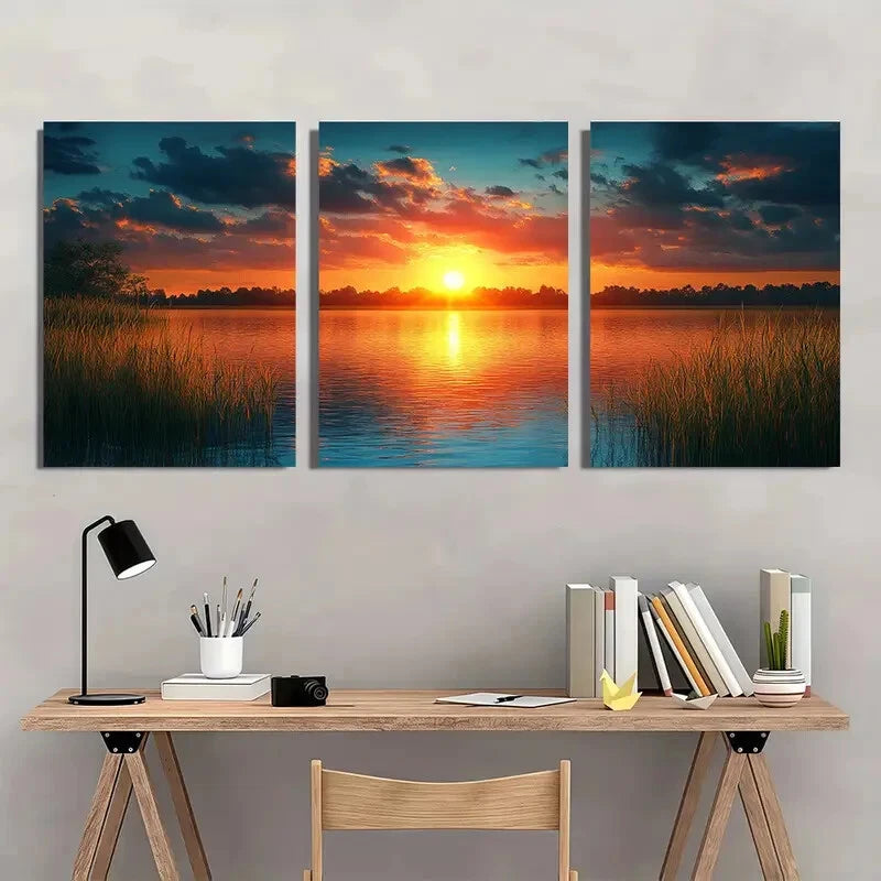 3pcs Serene Lakeside Sunset Teal & Golden Hues Metal Print Ready to Hang Art