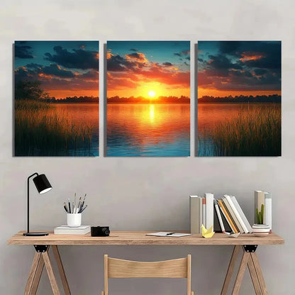 3pcs Serene Lakeside Sunset Teal & Golden Hues Metal Print Ready to Hang Art