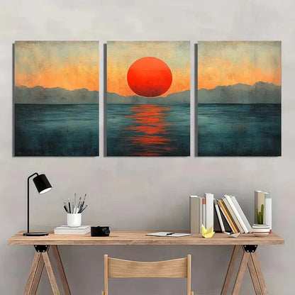 3pcs Abstract Sunset Art Mid-Century Metal Print Ready to Hang Art - Bella Home Decor