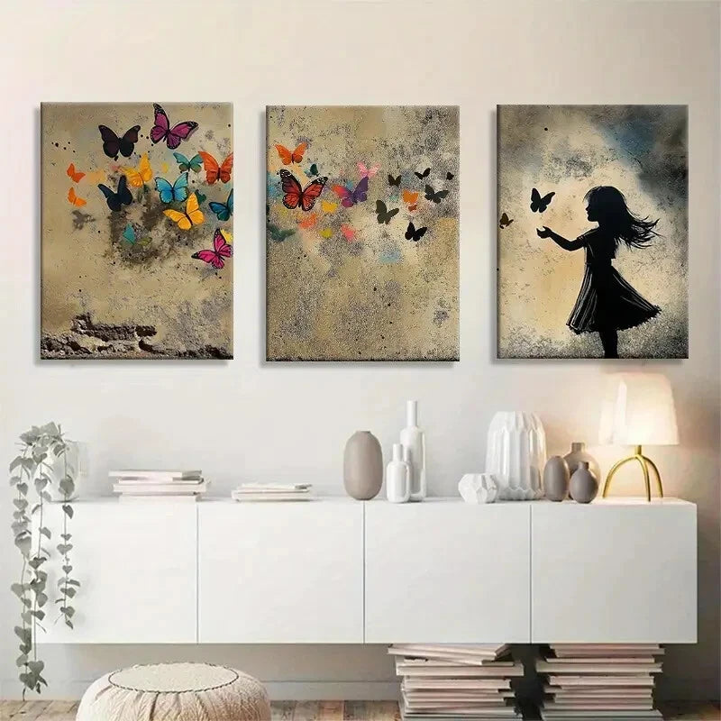 3pcs Vibrant Butterfly and Girl Silhouette Metal Print Ready to Hang Art - Bella Home Decor