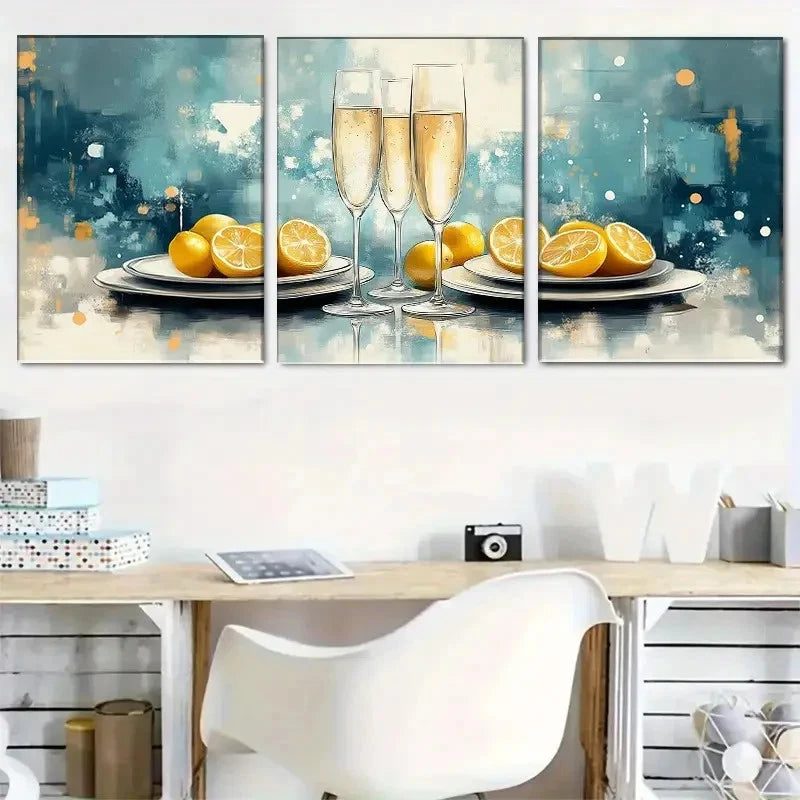 3pcs Abstract Lemon And Champagne Trio Metal Print Ready to Hang Art - Bella Home Decor