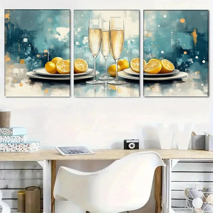 3pcs Abstract Lemon And Champagne Trio Metal Print Ready to Hang Art - Bella Home Decor