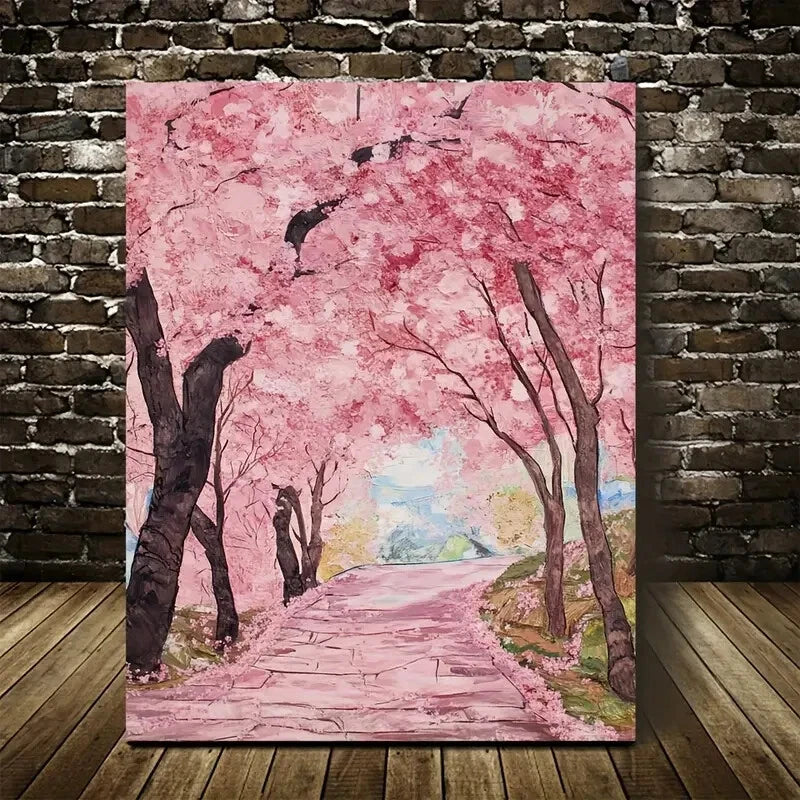 Beautiful Vibrant Pink Blossoms Serene Street Painting 40x60cm Metal Print Ready to Hang - Bella Home Decor