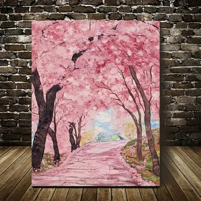 Beautiful Vibrant Pink Blossoms Serene Street Painting 40x60cm Metal Print Ready to Hang - Bella Home Decor