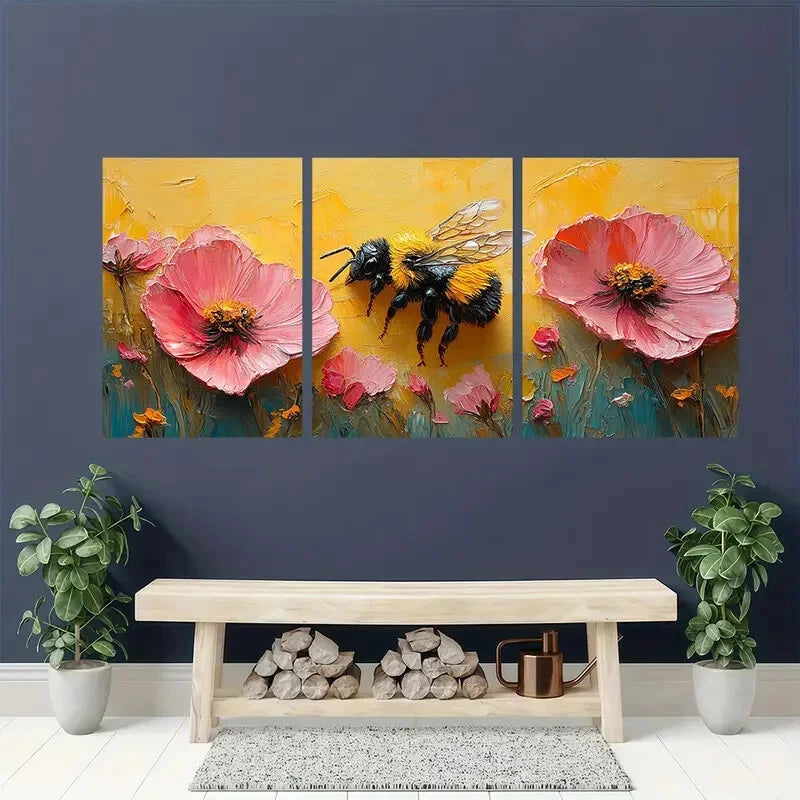 3pcs Colorful Honeybee and Pink Flowers Metal Print Ready to Hang Art